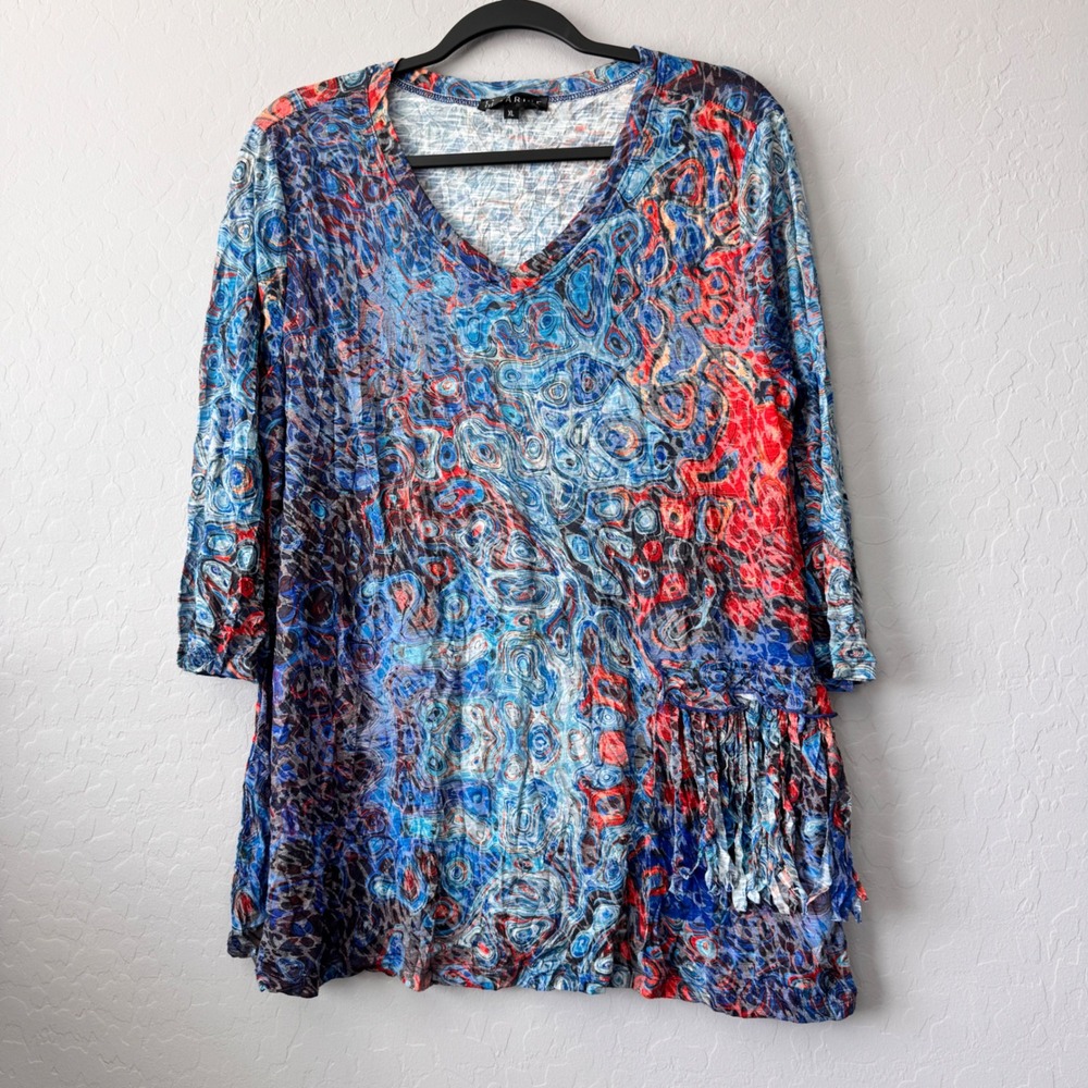 Carine XL Tunic Top Multi Blue Red 3/4 Sleeve Fringe Psychedelic Swirl Slub Knit